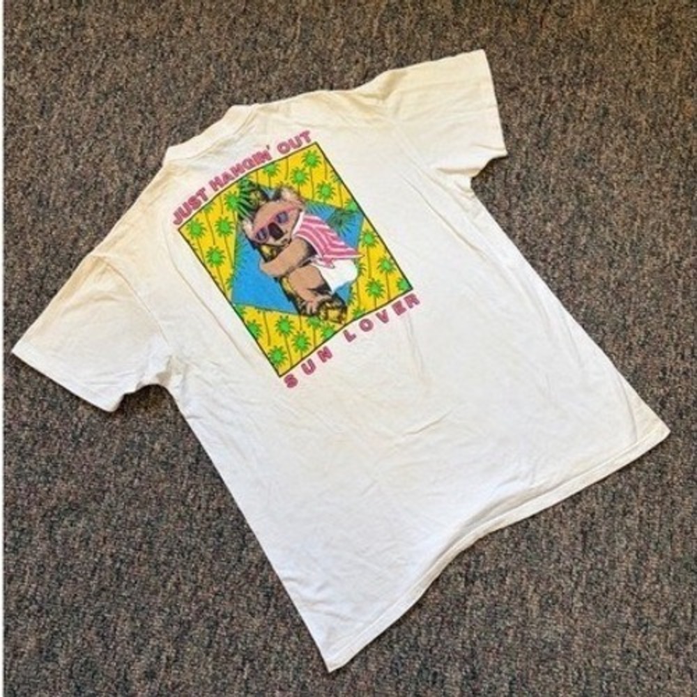 Vintage 90s Stedman Super Hi Cru Mens XL White Sun Lover Koala Palm Tree T Shirt